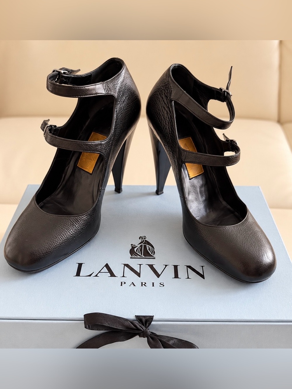 Lanvin Black Double-Strap Mary Jane Pumps - Picture 1 of 10